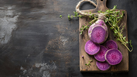 A rustic cutting board with a whole and sliced purple sweet yam, accompanied by a sprig of fresh herbs.の素材