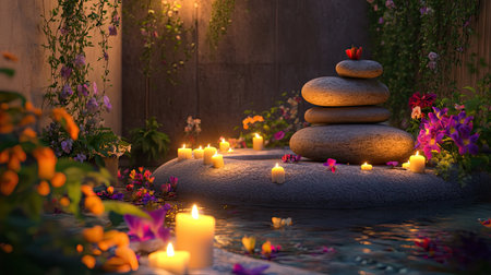 A peaceful spa setting with stacked stones and vibrant flowers, surrounded by candles for a soothing ambiance.の素材