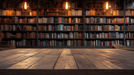An empty wooden table in the foreground with a modern library filled with bookshelves and warm lighting in the background.の素材