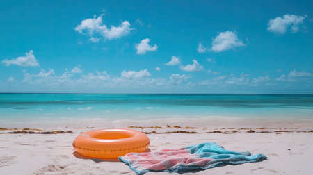 A beach vacation setup with an inflatable ring, towel, and sunscreen on the sand, under the clear blue sky and warm sunの素材