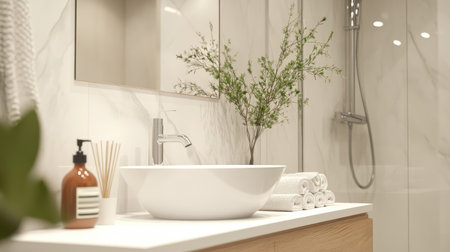 A bathroom featuring a small sink and mirror above, perfect for compact spaces with a modern, efficient designの素材