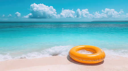 An inflatable ring in the foreground of a sandy beach, with clear turquoise waters and a perfect sunny sky in the backgroundの素材