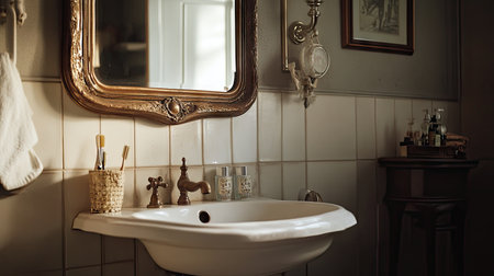 A bathroom with a vintage-style sink and antique mirror, creating a charming, nostalgic ambianceの素材