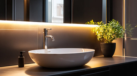 A bathroom with a large wall mirror above a sleek, modern sink, perfect for a high-end, sophisticated interiorの素材