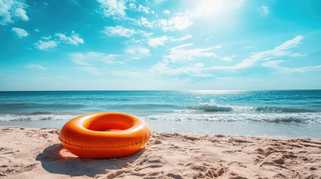 A bright inflatable ring on a sandy beach, with the sun shining and blue skies above, perfect for a summer day at the shoreの素材