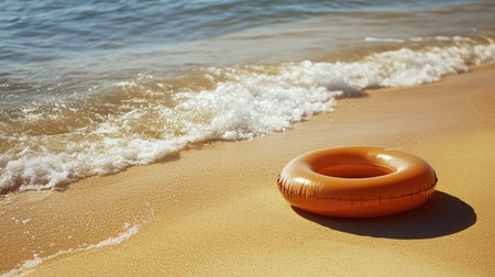 An inflatable ring resting on the warm golden sand of a beach, with the ocean gently lapping at the shore in the backgroundの素材