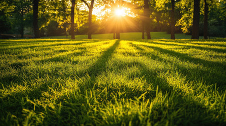 A beautiful patch of bright green grass under the warm light of golden hour, casting long, peaceful shadowsの素材