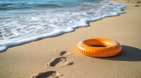 A close-up of a bright inflatable ring on the beach sand, with footprints in the soft sand leading toward the waterの素材