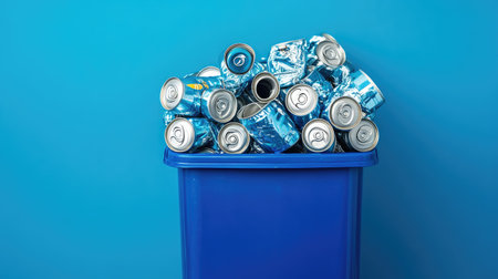 A blue recycling bin overflowing with empty metal cans, highlighting the importance of recycling efforts.の素材