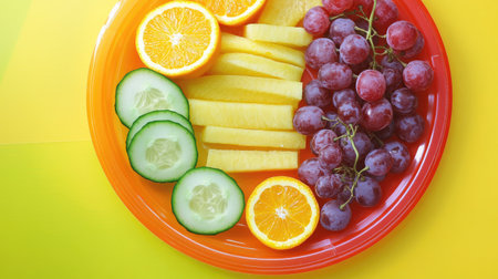 A bright, colorful plastic plate with a healthy assortment of fruit and vegetables, including orange slices, grapes, and cucumber sticksの素材