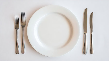 A bright and clean setting with a ceramic plate, fork, and knife laid out separately on a crisp white tableclothの素材
