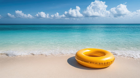 An inflatable ring in the foreground of a sandy beach, with clear turquoise waters and a perfect sunny sky in the backgroundの素材