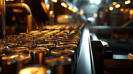 A close-up of sealed metal cans moving down an assembly line under bright factory lights.の素材