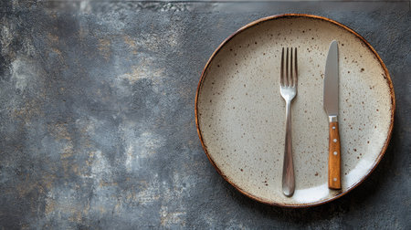 A ceramic dinner plate with a fork and knife separated and positioned on a stone countertop, perfect for a casual mealの素材