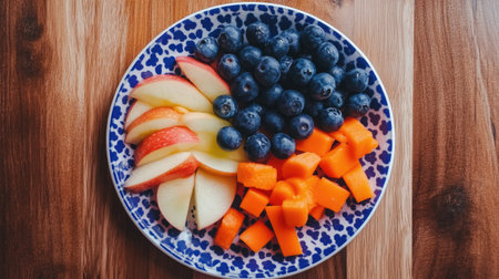 A children's plastic plate with fresh fruit and vegetable pieces like apple slices, carrots, and blueberries, ready for a healthy mealの素材