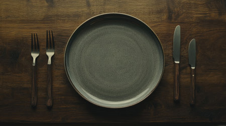 A ceramic plate set with a fork and knife placed on either side, placed on a wooden surface, evoking an elegant meal settingの素材