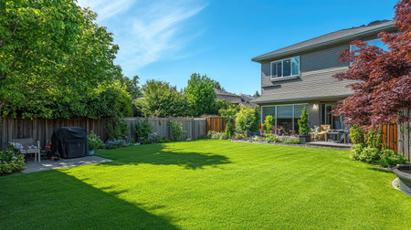 A bright green lawn in a suburban backyard, the perfect background for family activities or peaceful relaxationの素材
