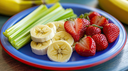 A children's plastic plate filled with sliced bananas, strawberries, and celery sticks, creating a nutritious and tasty mealの素材
