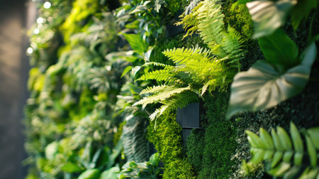 A beautifully arranged green leaf wall with decorative plants and moss, bringing a fresh touch of nature indoorsの素材