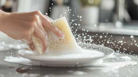A close-up of a woman scrubbing a dirty ceramic plate with a sponge, the water filled with bubbles and a clean kitchen backgroundの素材