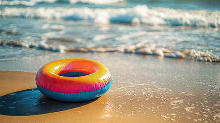 A close-up of a neon-colored inflatable ring on the beach, surrounded by a stretch of golden sand and distant wavesの素材