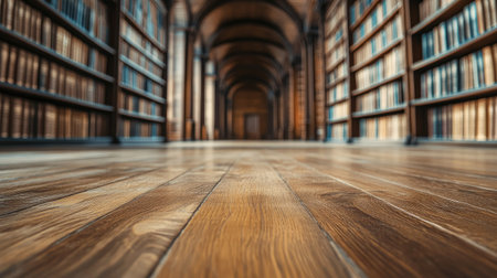 A bright wooden table surface in front of a high-end library interior with sophisticated architecture and bookshelves.の素材