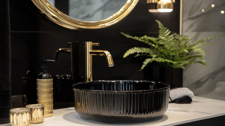 A chic bathroom with a black sink and gold-framed mirror, blending modern luxury with timeless eleganceの素材