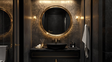 A chic bathroom with a black sink and gold-framed mirror, blending modern luxury with timeless eleganceの素材