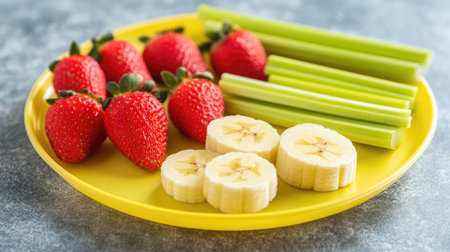 A children's plastic plate filled with sliced bananas, strawberries, and celery sticks, creating a nutritious and tasty mealの素材