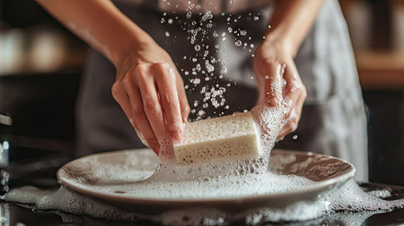 A close-up of a woman scrubbing a dirty ceramic plate with a sponge, the water filled with bubbles and a clean kitchen backgroundの素材