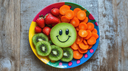 A children's plate in vibrant colors filled with healthy fruits like kiwi, strawberries, and sliced carrots, with a smiley face designの素材