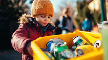 A child placing an empty drink can into a recycling bin, teaching sustainable habits from a young age.の素材