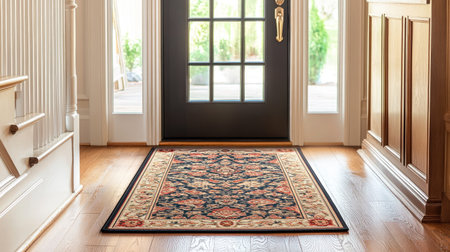 A clean, well-lit foyer with a patterned doormat on the hardwood floor, offering a cheerful welcomeの素材
