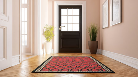 A clean, well-lit foyer with a patterned doormat on the hardwood floor, offering a cheerful welcomeの素材