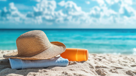 A close-up of sun protection gear like sunscreen, a beach hat, and a towel on the sand, with a clear blue ocean in the backgroundの素材