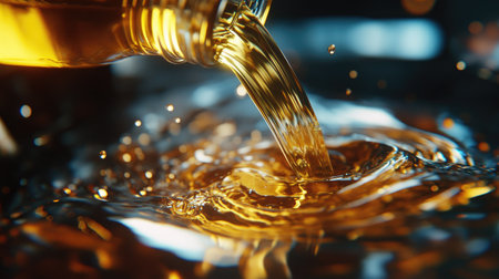 A close-up of an oil change, with engine oil being poured from a lubricant bottle into the car's engine, with a glistening liquid dropの素材