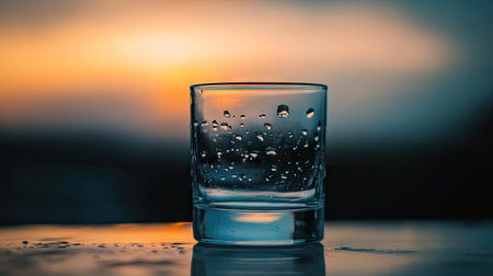 A close-up shot of a glass with water droplets on its surface, showcasing the droplets in sharp focus against a blurred backgroundの素材