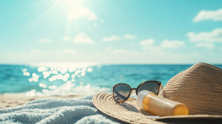 A close-up of sunscreen, sunglasses, and a wide-brimmed hat on a beach towel under the bright sun, with the ocean sparkling in the distanceの素材