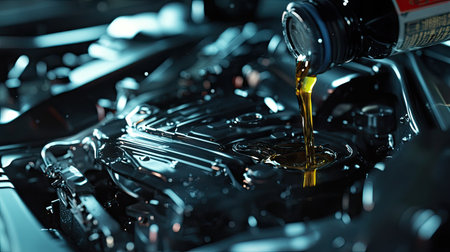 A close-up of a car's engine being filled with fresh engine oil from a lubricant bottle, with engine parts visible in the backgroundの素材