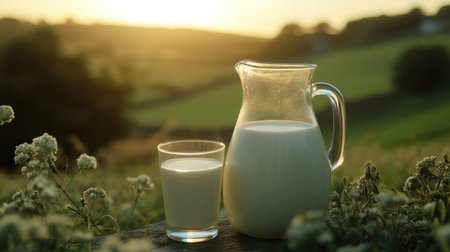 A classic glass jug of milk with a filled glass beside it, set against a blurred green countryside background.の素材