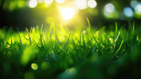 A close-up shot of lush green grass with sunlight streaming through, creating a vibrant and refreshing natural sceneの素材