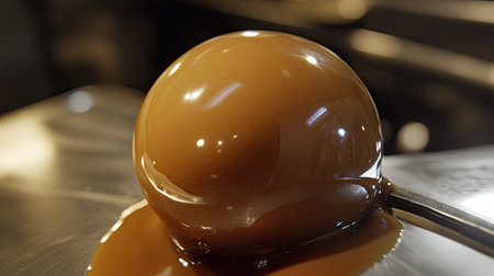 A close-up of a professional ice cream scoop forming a perfect ball of caramel ice cream with a glossy surface.の素材