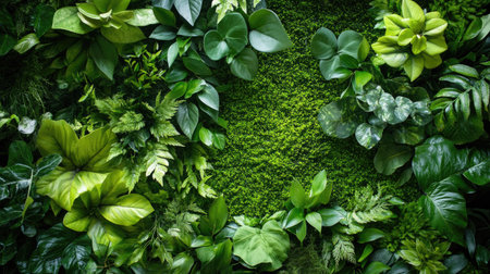 A beautifully arranged green leaf wall with decorative plants and moss, bringing a fresh touch of nature indoorsの素材