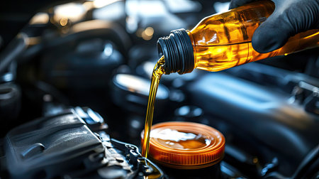 A close-up of engine oil flowing from a plastic bottle into the engine, with reflections of the mechanic's hands and work area visibleの素材