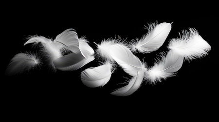 A close-up of light, airy white feathers descending elegantly against a shadowy black space.の素材