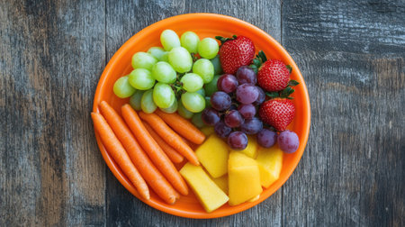 A children's plastic plate featuring a healthy assortment of fruit and vegetables, like grapes, carrots, and strawberriesの素材