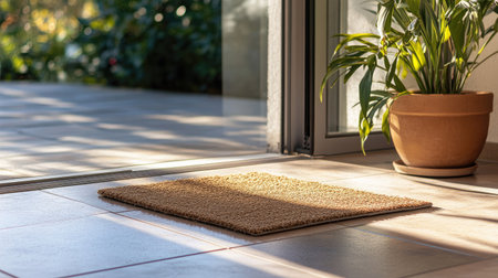 A clean, simple doormat on a tiled floor, adding character to a sleek, modern interiorの素材