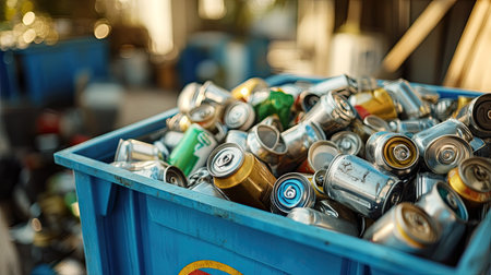 A blue recycling bin overflowing with empty metal cans, highlighting the importance of recycling efforts.の素材