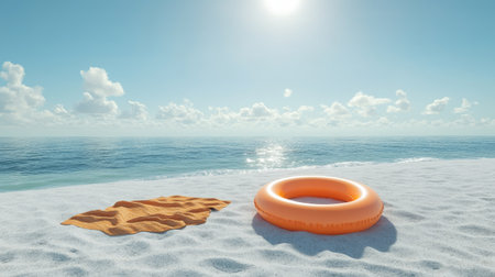 A beach vacation setup with an inflatable ring, towel, and sunscreen on the sand, under the clear blue sky and warm sunの素材