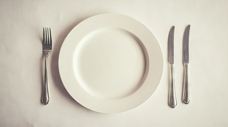 A classic table setting with a ceramic plate, fork, and knife placed separately, on a light-colored background with soft shadowsの素材